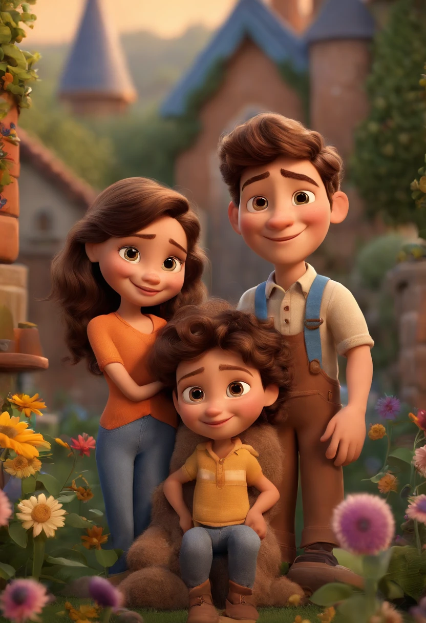 Create a Disney PIXAR-style 3D poster. ((centro da imagem, a family with the couple and 4 children)), ((4 children)) ((1 no meio e 3 meninoado, They're hugging each other, a menina tem 1 pele clara e cabelos castanhos escuros e olhos castanhos escuros, 1 menino tem 11 anosclara, olhos e cabelos escuros, e o outro menino tem 16 anos pele olhos escuabelos escuros e lisos, um menino tem 3 anos loiro)) ((tudo issotilo Disney PIXAR 3D, In the background, a house of sunflowers and other colorful flowers, Gloria Studio, The garden is full of nature 3D render RTX clay material, estilo de design cartunesco, POP Mart, soft lighting, linhas suaves, Spring tilt, Detailed illustrations of PIXAR 3D, Detalhes hiper-realistas, cor quente no estilo Disney PIXAR 3D))