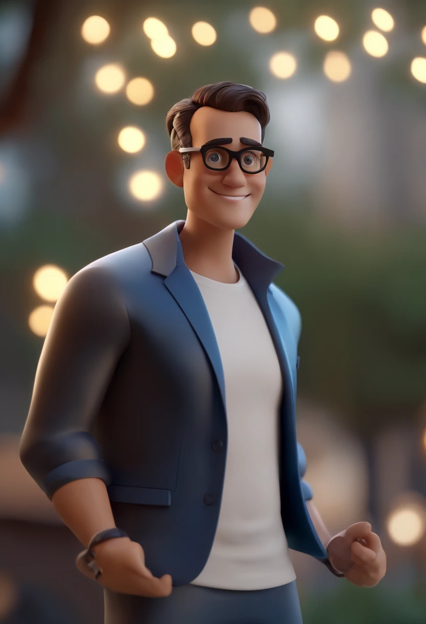 Cartoon character of a man wearing black glasses and a blue shirt, um personagem animado, Caractere estilizado, animation style rendering, 3D estilizado, Arnold Maya render, 3 d render stylized, toon render keyshot, Personagem 3D, Personagem 3D, 3d rendering stylized, 3 d character render, personagem de desenho animado, Personagem de close up, Pose de personagem, (Estilo Pixar) (master part:1.2) (Bokeh) (best quality) (pele detalhada) (textura detalhada) (8k) (argila) (Cinematic lighting) (foco nítido，Senta e vaza a parte superior do corpo