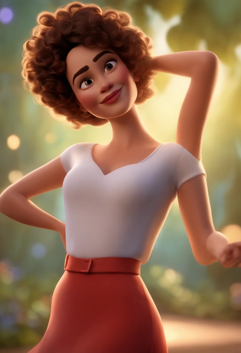 Pixar style image with 3D character white glasses brunette woman short curly hair dancing, Maquiagem Disney,Pescador, bonitinho, sorridente ,Close-up, Pixar, Disney, Cinema lighting,