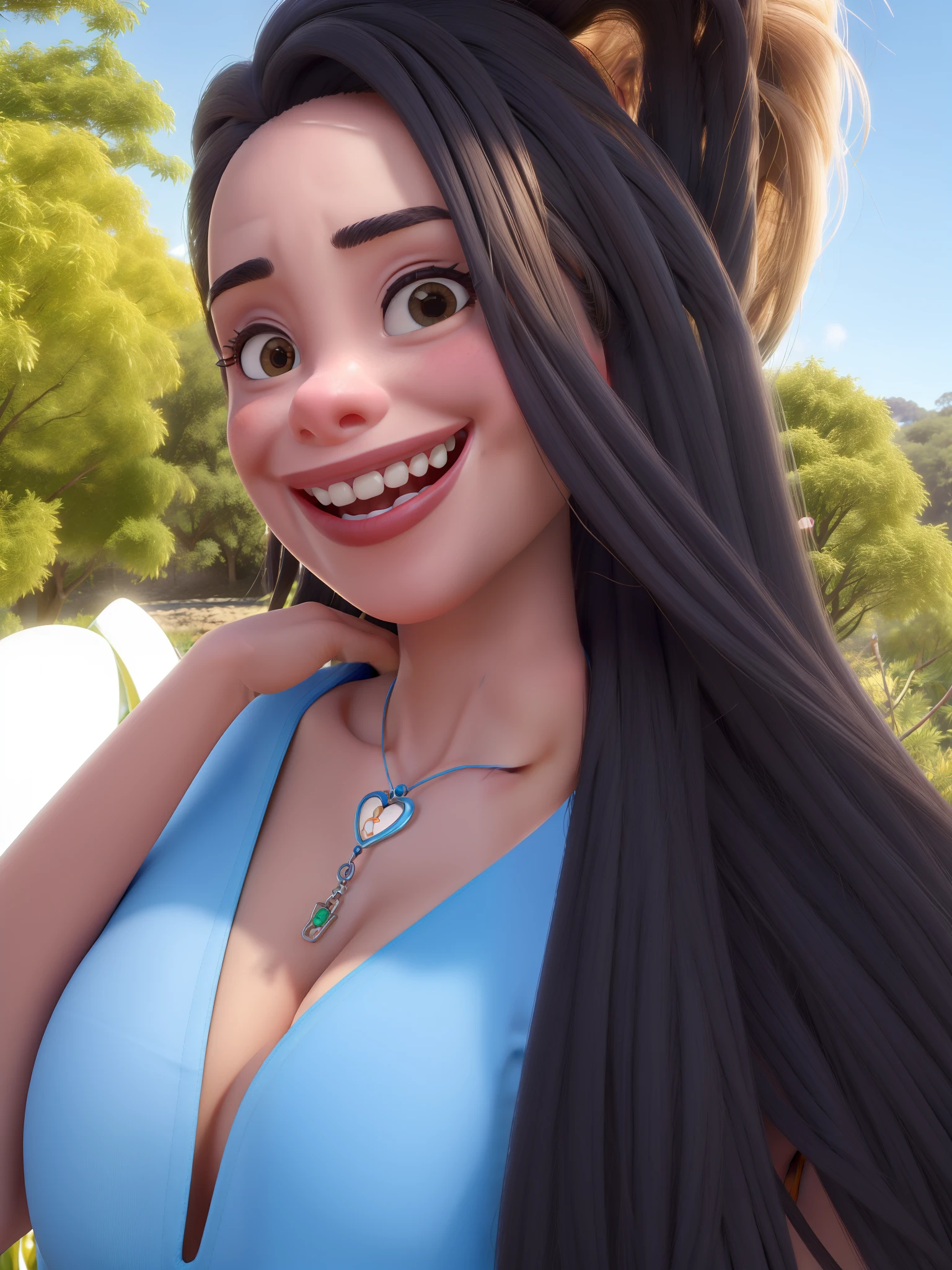 Mulher bonita, cabelos compridos, sorriso bonit, dentes brancos e juntos, seios pequenos e bonito, Beautiful pink lips, Slim account holder with small heart pendant around her neck, luzes no cabelo loiras discretas, sorriso animado, de melhor qualidade, alta qualidade