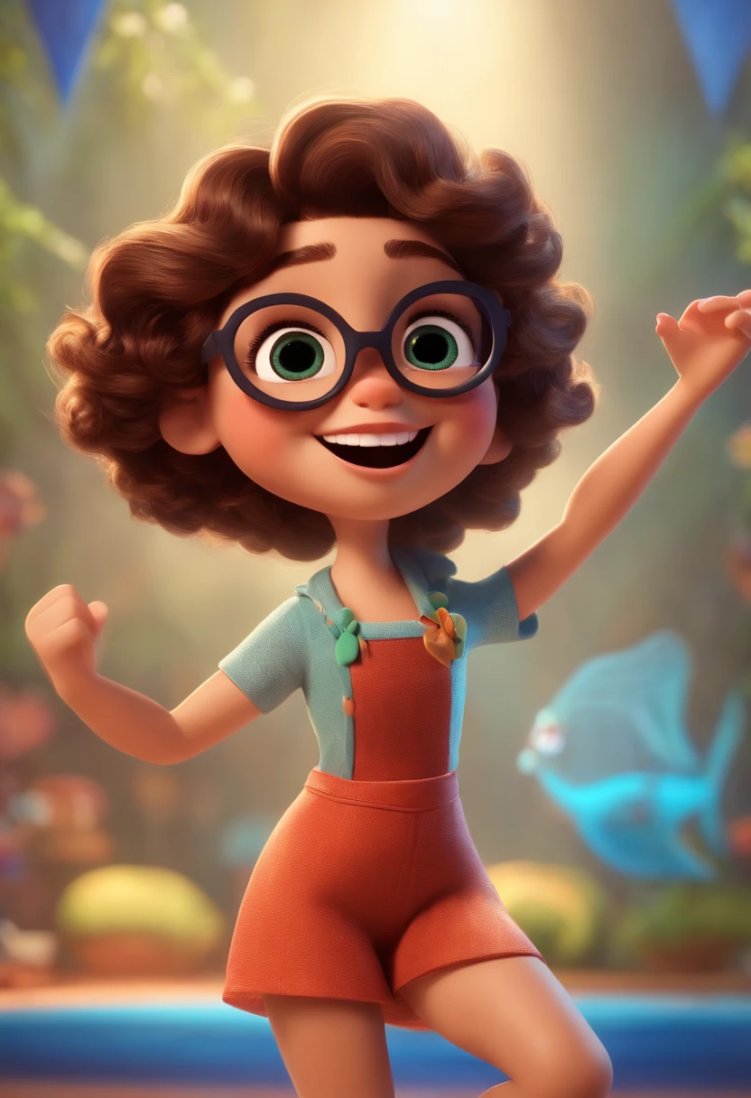 Pixar style image with 3D character white glasses brunette woman short curly hair dancing, Maquiagem Disney,Pescador, bonitinho, sorridente ,Close-up, Pixar, Disney, Cinema lighting,