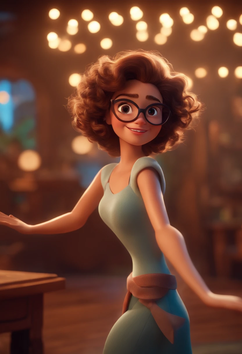 Pixar style image with 3D character white glasses brunette woman short curly hair dancing, Maquiagem Disney,Pescador, bonitinho, sorridente ,Close-up, Pixar, Disney, Cinema lighting,