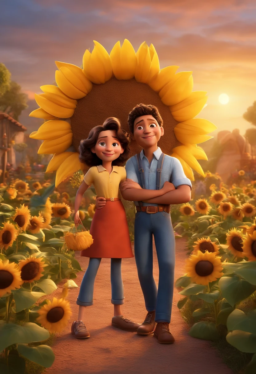 Create a Disney PIXAR-style 3D poster. ((centro da imagem, a family with the couple and 4 children)), ((4 children)) ((1 no meio e 3 meninoado, They're hugging each other, a menina tem 1 pele clara e cabelos castanhos escuros e olhos castanhos escuros, 1 menino tem 11 anosclara, olhos e cabelos escuros, e o outro menino tem 16 anos pele olhos escuabelos escuros e lisos, um menino tem 3 anos loiro)) ((tudo issotilo Disney PIXAR 3D, In the background, a house of sunflowers and other colorful flowers, Gloria Studio, The garden is full of nature 3D render RTX clay material, estilo de design cartunesco, POP Mart, soft lighting, linhas suaves, Spring tilt, Detailed illustrations of PIXAR 3D, Detalhes hiper-realistas, cor quente no estilo Disney PIXAR 3D))