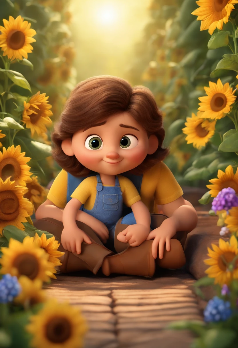 Create a Disney PIXAR-style 3D poster. ((centro da imagem, a family with the couple and 4 children)), ((4 children)) ((1 no meio e 3 meninoado, They're hugging each other, a menina tem 1 pele clara e cabelos castanhos escuros e olhos castanhos escuros, 1 menino tem 11 anosclara, olhos e cabelos escuros, e o outro menino tem 16 anos pele olhos escuabelos escuros e lisos, um menino tem 3 anos loiro)) ((tudo issotilo Disney PIXAR 3D, In the background, a house of sunflowers and other colorful flowers, Gloria Studio, The garden is full of nature 3D render RTX clay material, estilo de design cartunesco, POP Mart, soft lighting, linhas suaves, Spring tilt, Detailed illustrations of PIXAR 3D, Detalhes hiper-realistas, cor quente no estilo Disney PIXAR 3D))