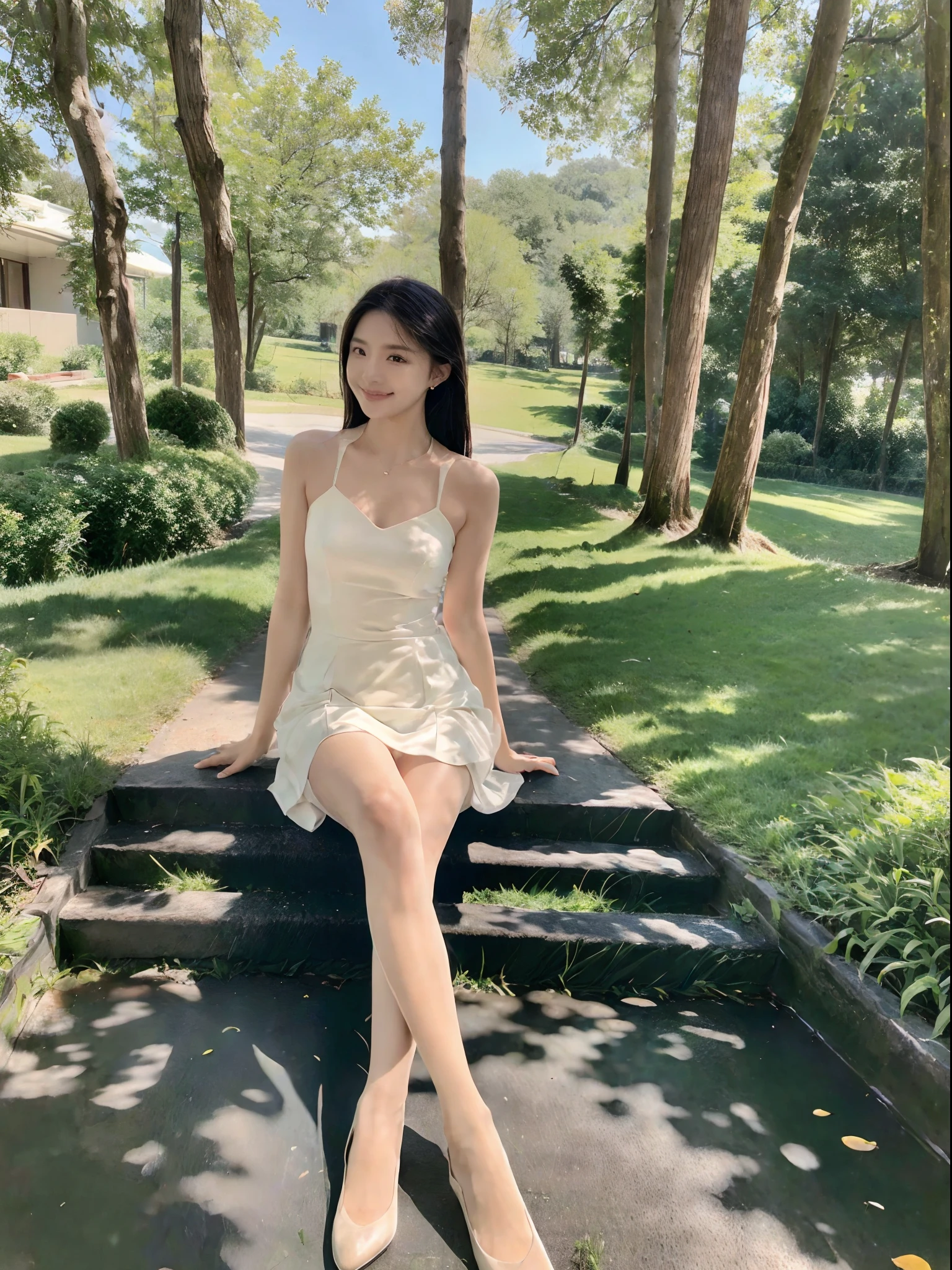 ，Masterpiece, Best quality，8K, 超高分辨率，Reallightandshadow，Cinema lenses，(beautidful eyes:1.1)， ((中景 the scene is，The upper part of the body))，dynamicposes，On a green meadow，The gentle goddess came with gentle steps。She wore a white dress，A gentle breeze blows，The skirt dances lightly。The sun shone through the leaves in her hair，Reflecting her clear eyes and gentle smile。Colorful butterflies flutter around her，Flowers bloomed at her feet，It was as if nature was cheering for her。Skin color pantyhose