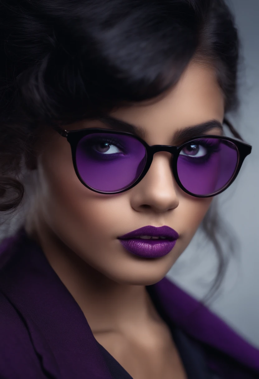 cabelo preto, Purple eyes, a girl wearing glasses.