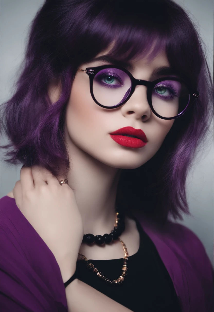 cabelo preto, Purple eyes, a girl wearing glasses.