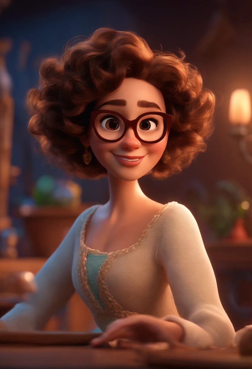 Pixar style image with 3D character white glasses brunette woman short curly hair dancing, Maquiagem Disney,Pescador, bonitinho, sorridente ,Close-up, Pixar, Disney, Cinema lighting,