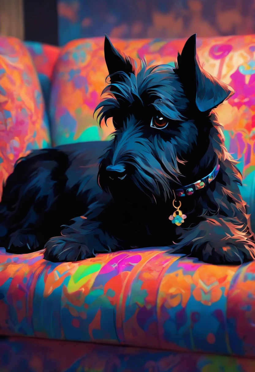 (the whole body is black: 1.8) , miniature black scottish terrier,on a couch,Looking at the camera,(Shake your head:1.5),biologically correct