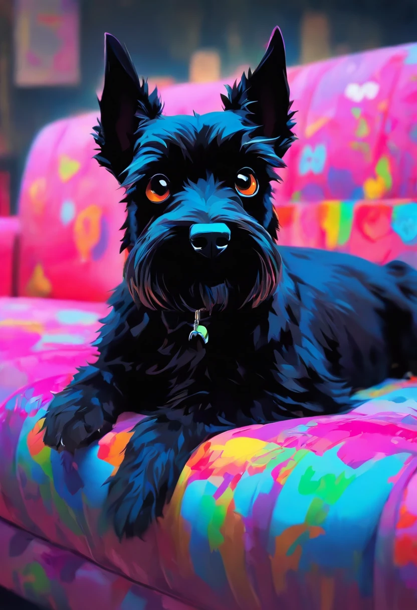 （the whole body is black: 1.8) , miniature black scottish terrier，on a couch，Looking at the camera，（Shake your head：1.5），biologically correct