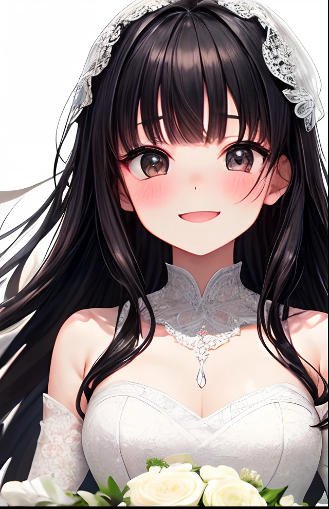 girl with、No background、without background、Background through、Black hair、Black hair、The long-haired、long、Subject bangs、Pattsun bangs、Aligned bangs、Sareme、drooping eyebrows、Takuambi、Marovi、Round eyebrows、black eyes、Black、embarrassed、Embarrassing、white wedding dress、bride、kawaii、Smiling、No background