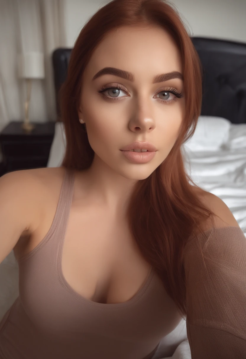 arafed woman with matching tank top and leggings, sexy girl with brown eyes, portrait sophie mudd, red hair and large eyes, selfie of a young woman, bedroom eyes, violet myers, without makeup, natural makeup, turning to look at the camera, face with artgram, subtle makeup, stunning full body shot, in bedroom, sexy ass, cute butt