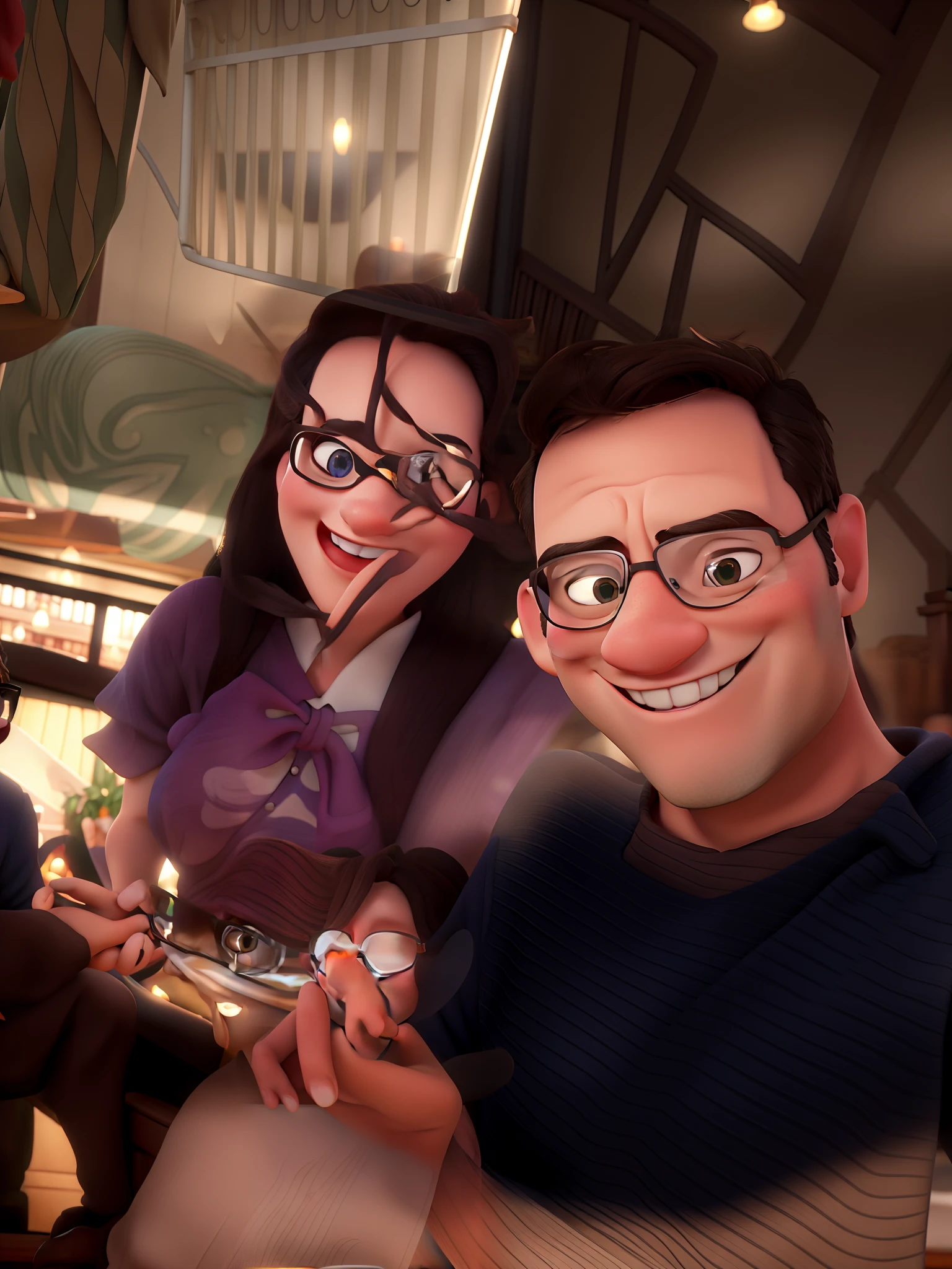 Disney Style Couple With Glasses Smiling In Restaurant.