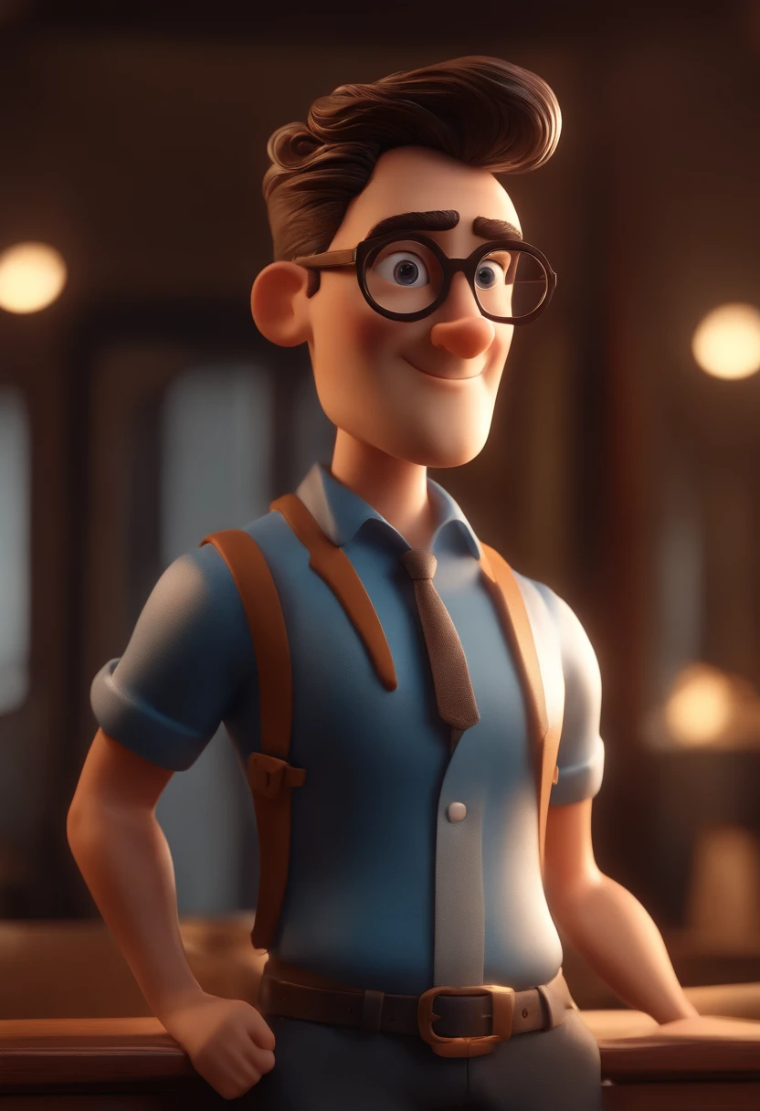 Cartoon character of a man with black glasses and a blue shirt, animation character, Caractere estilizado, animation style rendering, 3D estilizado, Arnold Maya render, 3 d render stylized, toon render keyshot, Personagem 3D, Personagem 3D, 3d rendering stylized, 3 d character render, personagem de desenho animado, Personagem de close up, Pose de personagem, (Estilo Pixar) (master part:1.2) (Bokeh) (best quality) (pele detalhada) (textura detalhada) (8k) (argila) (Cinematic lighting) (foco nítido