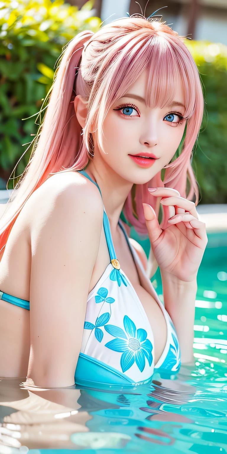 (8K, 4K, Best Quality, High Definition: 1.2), (Masteristic, Realistic, Photoreal: 1.37), 1 girl, Solo, Beautiful face, blue eyess、Eyelashes, Nose, Glossy lips, (Fine eyes, Beholder, Fair skin, White skin: 1.5), fine complexion, Upper body, Swimsuit, maikurobikini、Patterned Bikini
big, Big, (: 1.5),
outdoor bath,
ridiculously long hair, Blonde hair, Pink hair, Bangs, 2 sides up,
年轻, old, The shape of the fingers is beautiful, Areola visible