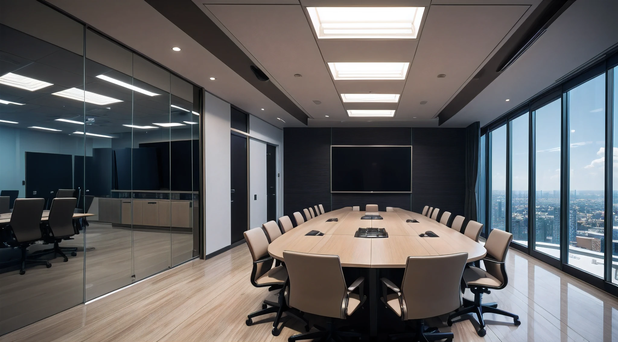 A busy business meeting with executives in a modern conference room, making important decisions and discussing strategies, surrounded by state-of-the-art technology and high-tech equipment. The room is filled with natural light coming through floor-to-ceiling windows, illuminating the sleek and stylish furniture arranged in a professional and elegant manner. The executives are dressed in sharp and professional suits, exuding confidence and determination. The room features a large, high-resolution display where graphs, charts, and data are being presented, showcasing the team's progress and achievements. The atmosphere is filled with focused energy, as the executives engage in animated conversations, sharing their ideas and brainstorming innovative solutions. The color palette is sophisticated and modern, with a combination of muted tones and pops of vibrant colors to reflect the dynamic nature of the business world. The lighting is strategically placed to highlight the key areas of the room and create a warm and inviting ambiance. The overall image quality is of the highest caliber, with ultra-detailed rendering and a photorealistic finish. It is a masterpiece that captures the essence of a successful and productive business environment.