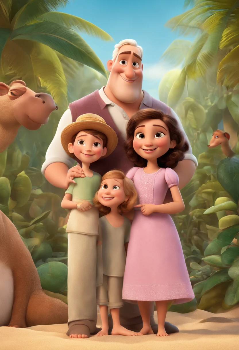 a Disney Pixar movie poster showing a white-skinned family. The father is the tallest, Um pouco malto, Tem barba curta, portanto, bald head. Mommy has light gray eyes and blond hair, at the height of the back and is slightly shorter than the father. The girl is white, Ela tem 6 anos e cabelos loiros claros, cacheado soltos e longos, roupa rosa o menino tem 1ano e meio, tem cabelos castanhos claros caindo na testa meio de lado. The background is a beach garden. 3D-rendering