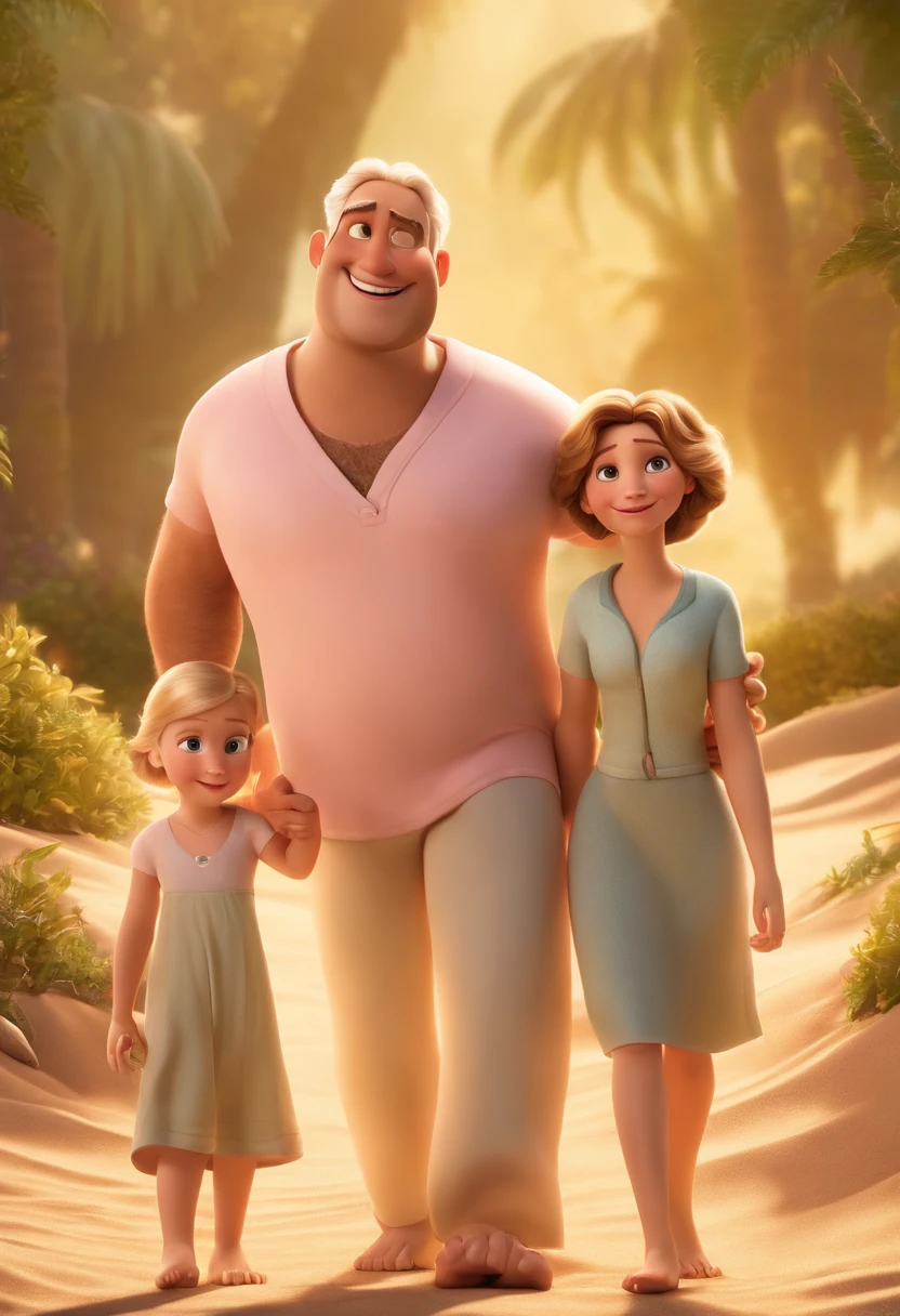 a Disney Pixar movie poster showing a white-skinned family. The father is the tallest, Um pouco malto, Tem barba curta, portanto, bald head. Mommy has light gray eyes and blond hair, at the height of the back and is slightly shorter than the father. The girl is white, Ela tem 6 anos e cabelos loiros claros, cacheado soltos e longos, roupa rosa o menino tem 1ano e meio, tem cabelos castanhos claros caindo na testa meio de lado. The background is a beach garden. 3D-rendering