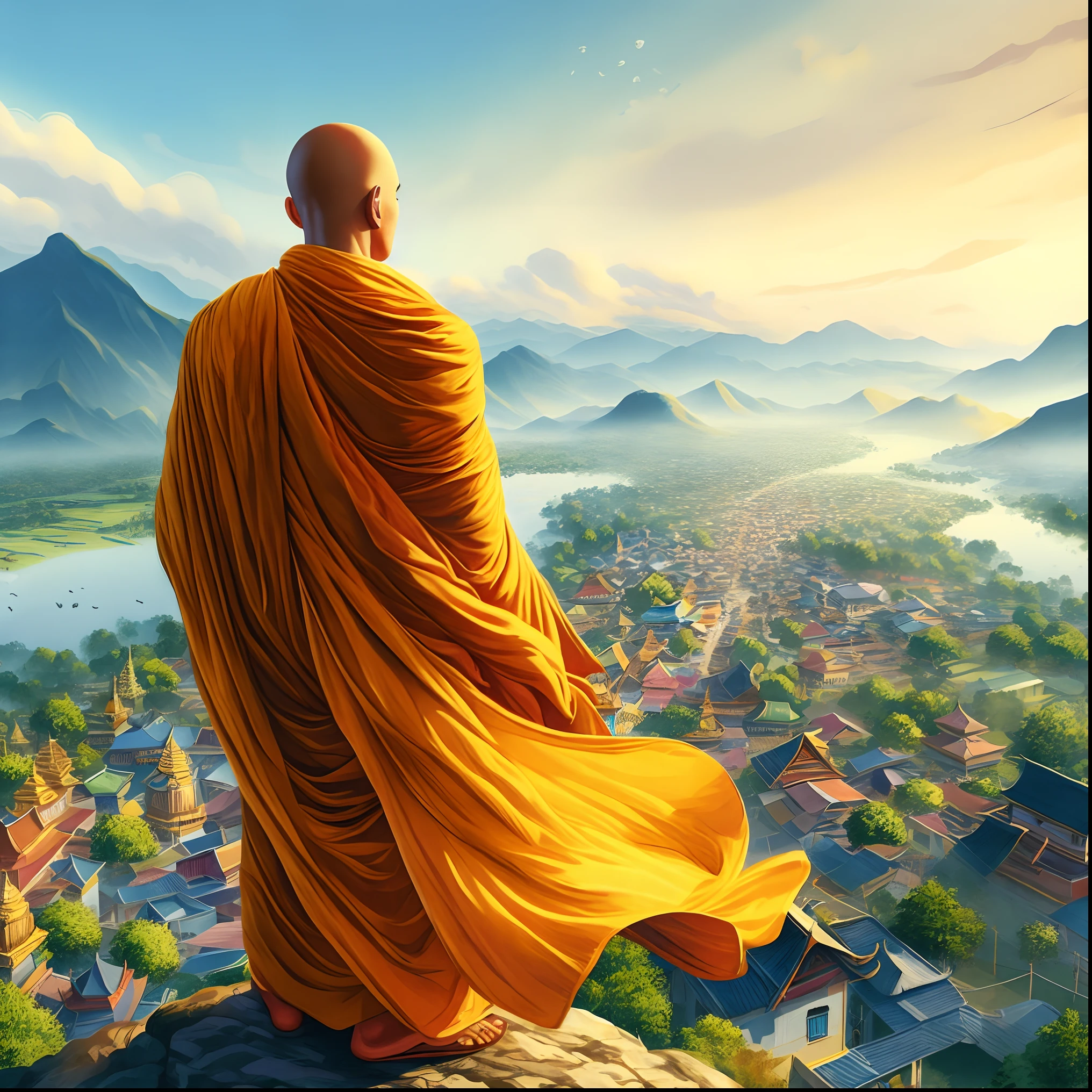 a close up of a person sitting on a rock with a view of a town, monk meditate, buddhist monk, monk, buddhist monk meditating, buddhism, 2 1 st century monk, buddhist, on path to enlightenment, on the path to enlightenment, portrait of monk, monk's robe, monk clothes, wearing flowing robes, fisting monk, concept art of a monk