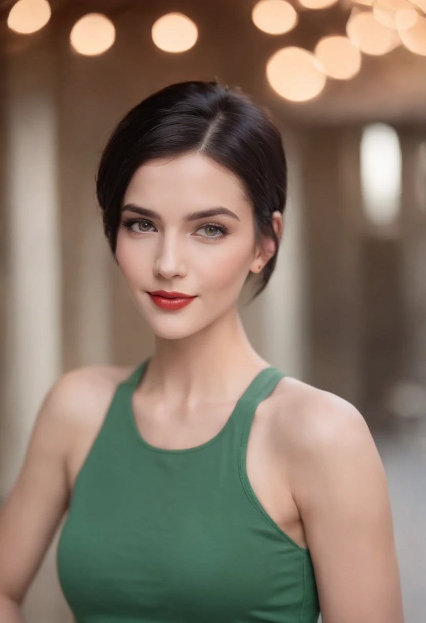 femboy. winking and smiling suggestively. smooth body, no muscle. jet black hair with side shaved haircut. Pale, blemish-free skin. large green eyes. wearing only red running shorts from the 80's, no shirt. male, flat chest. sci-fi background