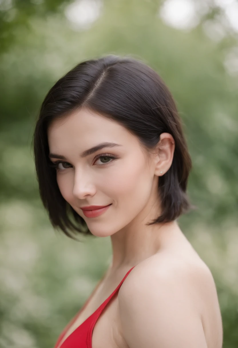 femboy. winking and smiling suggestively. smooth body, no muscle. jet black hair with side shaved haircut. Pale, blemish-free skin. large green eyes. wearing only red running shorts from the 80's, no shirt. male, flat chest. sci-fi background