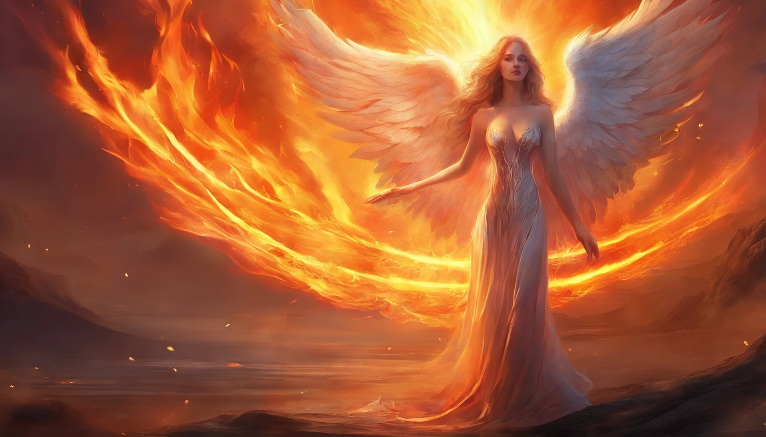 The angel burned her whole body on fire, holding her hand and crying for help, full naked, no cloths, no bra, no underware, Temple on Fire, flame, ignite, Full body light, screaming, request
