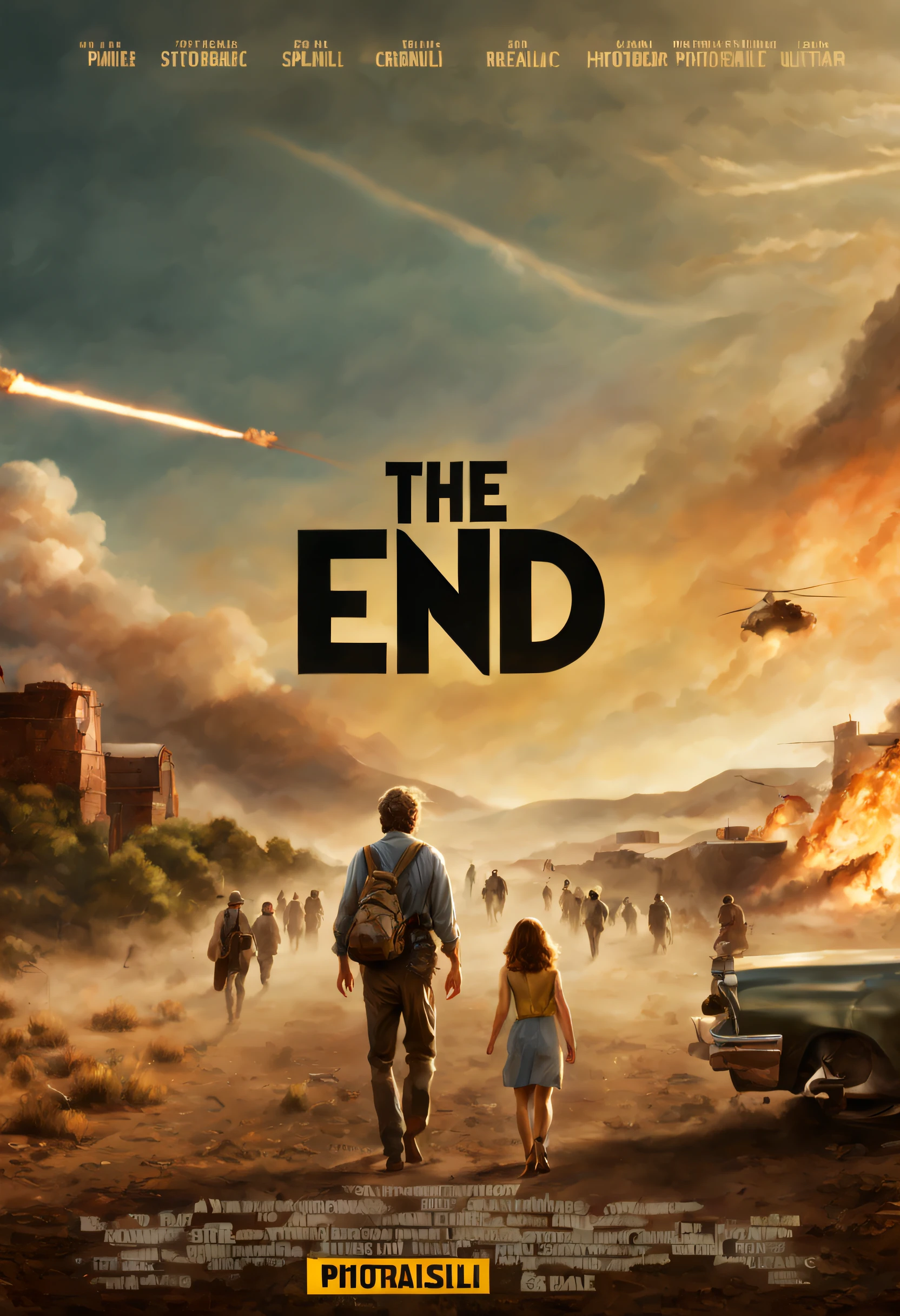 (best quality, 4k, 8k, high resolution, masterpiece: 1.2), ultra detailed, (realistic, photorealistic, photorealistic: 1.37), poster of the movie titled “The End”, by Steven Spielberg, lyrics of the title and credits