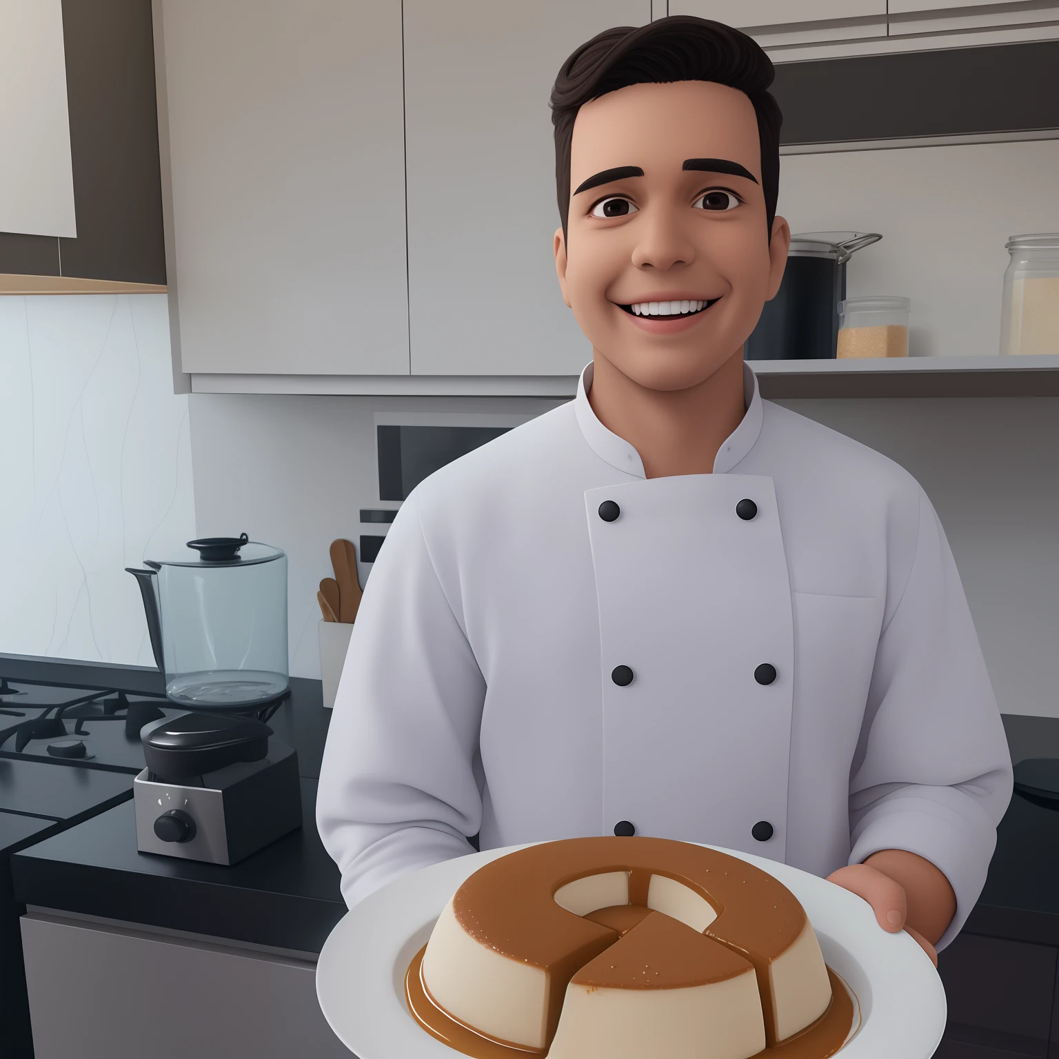 A young man stands in his kitchen，com um sorriso no rosto，Holding a plate of toffee pudding in my hand，Close-up detalhado do rosto e no fundo cozinha,  no estilo disney pixar, best quality, master part, super detalhe, detalhes altos