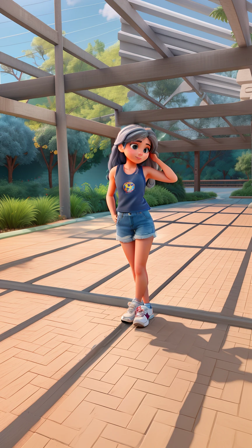 Recriar foto Disney Pixar Alta qualidade . Woman with one hand on her head, cabelos loiro , in denim shorts and sneakers with gray tank top