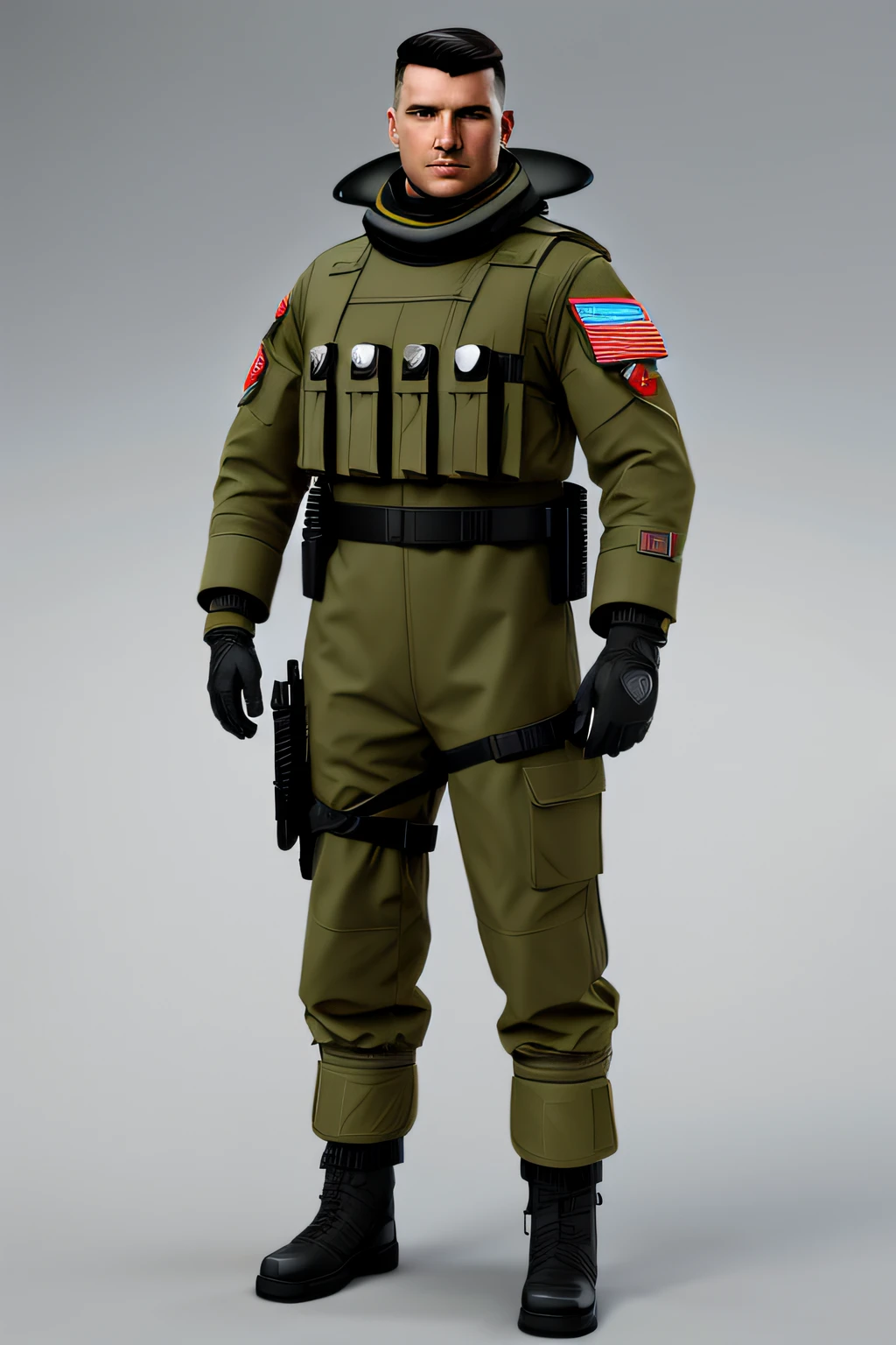 A soldier in a red Soviet military uniform with elements of futurism stands on a bright white background, In his left hand is a futuristic electric glove, whitebackground, white background for asset