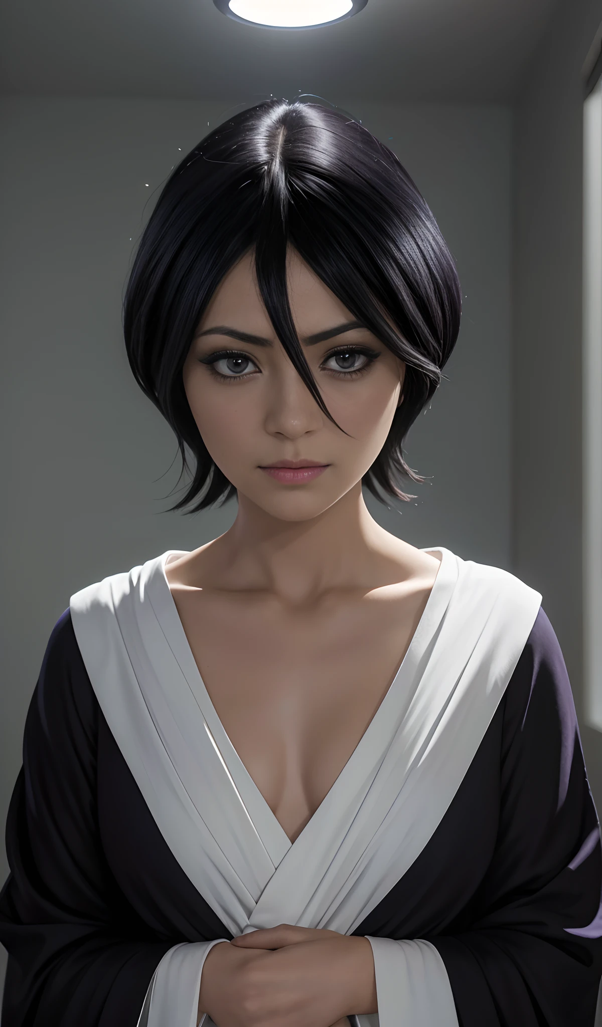 Rukia Kuchiki,1girl,short hair,cabelos pretos,Purple eyes,sorrir,Olhando para o Viewer,quimono preto,cabelo entre os olhos,mangas largas,Visualizador voltado,Hakama Preto,soft lighting,(best quality,4k,8k,Altas,master part:1.2),ultra-detalhado,(Realistic,fotorrealista,photo-realistic:1.37),Retratos,vivid colors,Escuro,contraste colorido,studio lighting