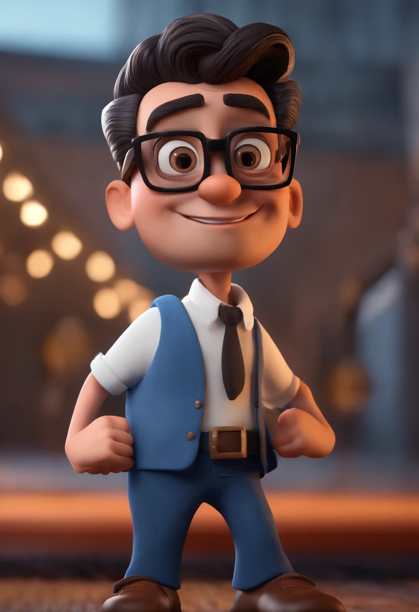 Cartoon character of a man with black glasses and a blue shirt, animation character, Caractere estilizado, animation style rendering, 3D estilizado, Arnold Maya render, 3 d render stylized, toon render keyshot, Personagem 3D, Personagem 3D, 3d rendering stylized, 3 d character render, personagem de desenho animado, Personagem de close up, Pose de personagem, (Estilo Pixar) (master part:1.2) (Bokeh) (best quality) (pele detalhada) (textura detalhada) (8k) (argila) (Cinematic lighting) (foco nítido