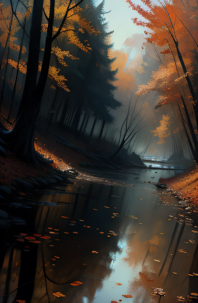 fall foliage, Ultra detailed, Masterpiece, River, Anti-aliasing, finedetail, the wallpaper, Natural lighting, Take Jeremy Mann(Jeremy Mann)for example(Jeremy Mann)For example(Jeremy Mann)style of