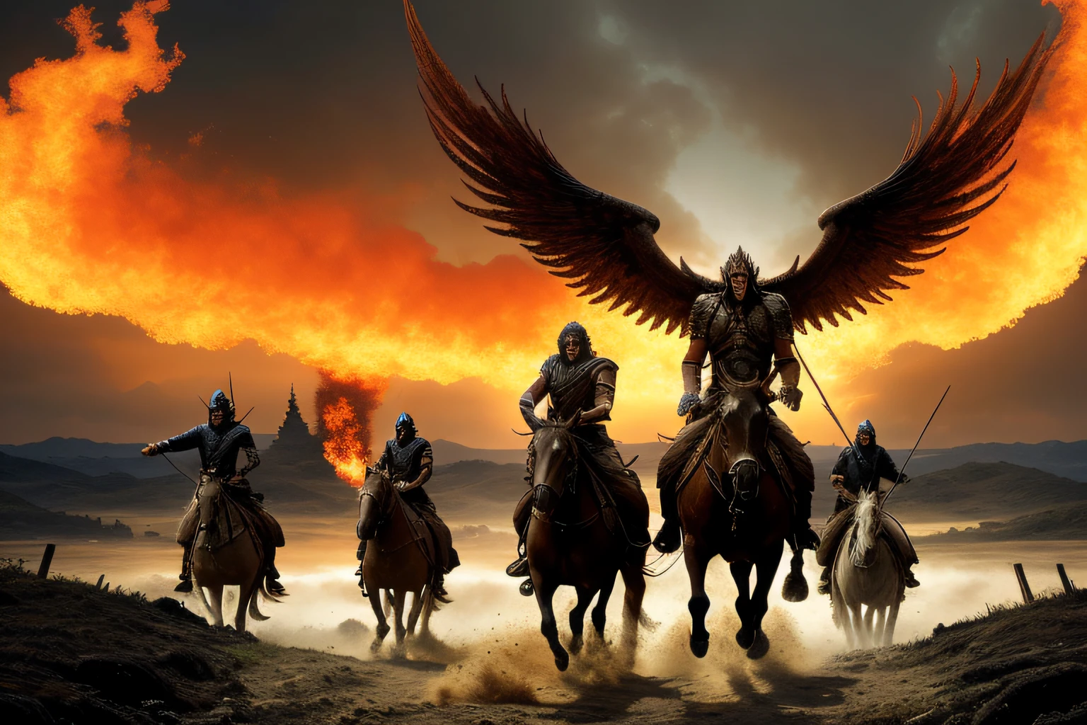 Flames are rising from the sky as a group of people ride horses, Quatro Cavaleiros do Apocalipse, Cavaleiros do Apocalipse, wraiths riding in the sky, biblical epic movie, epic fantasy art, epic fantasy digital art, fantasy epic digital art, Symmetrical Epic Fantasy Art, Epic Fantasy Digital Art Style, A batalha final no inferno, Arte de fantasia 4k
