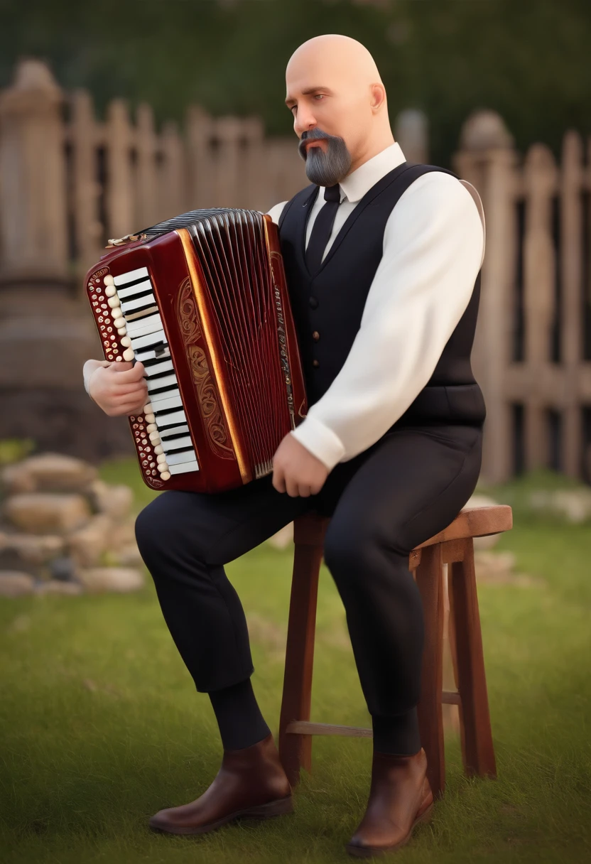 A tall bald white man with a goatee only on his chin playing an accordion looking straight aheadDisney Pixar style