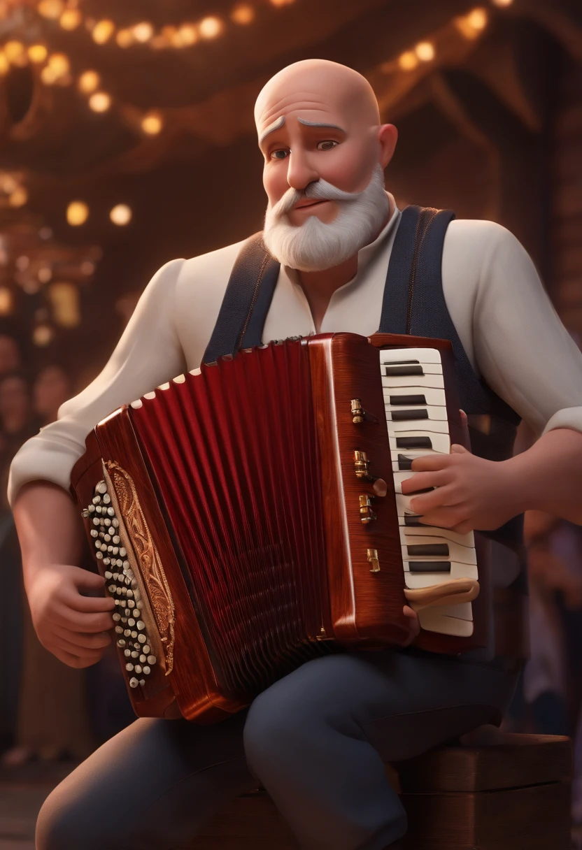 A tall bald white man with a goatee only on his chin playing an accordion looking straight aheadDisney Pixar style