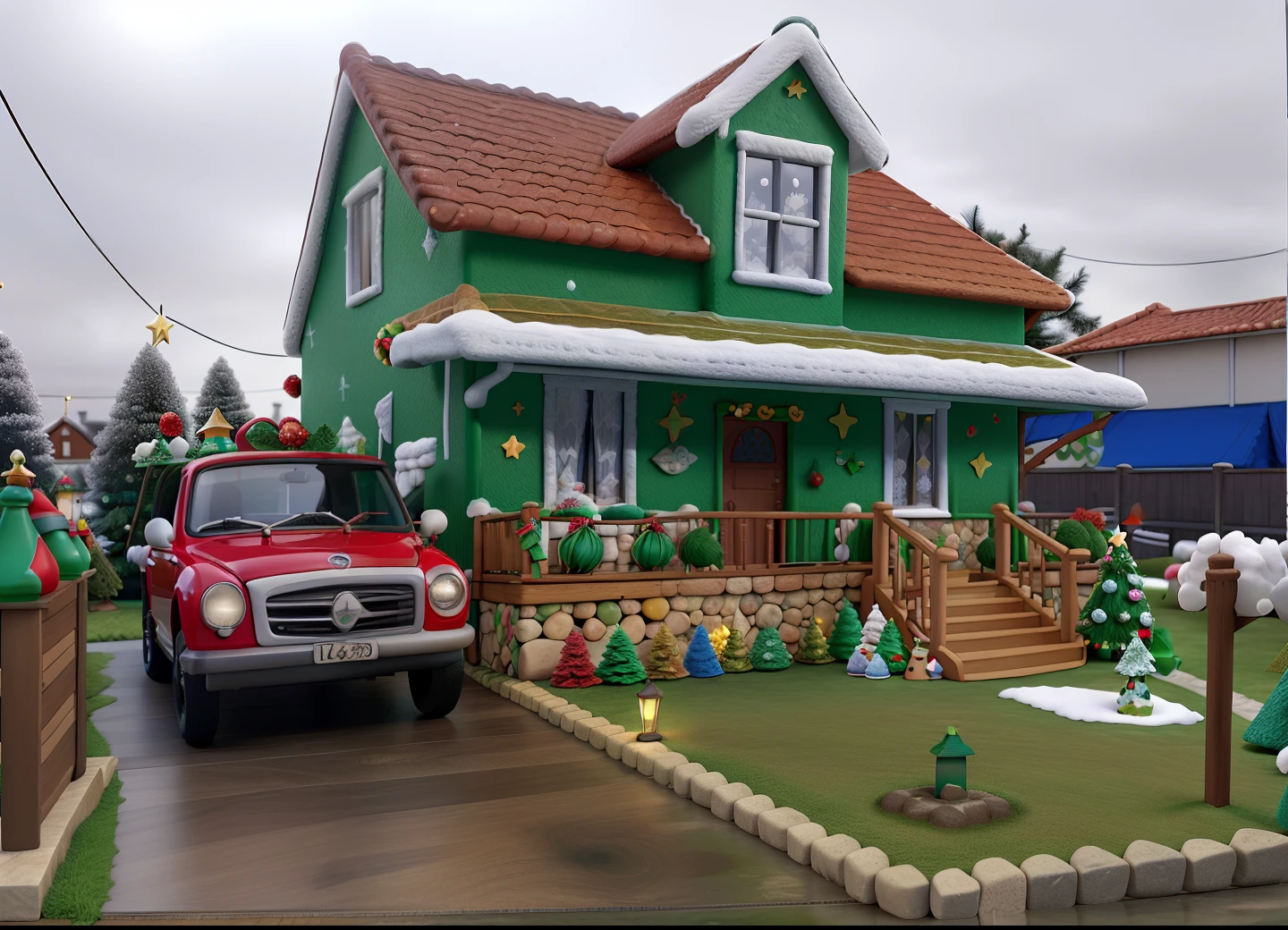 Uma casa verde decorada para o natal: Use luzes de Natal, como piscas-piscas, para contornar o telhado, as janelas e a entrada da casa. Luzes de LED de diferentes cores e tamanhos podem criar um efeito deslumbrante.

Guirlandas: Pendure guirlandas verdes e vermelhas nas janelas e portas. You can add ribbon bows and ornaments like Christmas balls.

Inflatable Decorations: Place inflatable Santa Claus decorations, renas, bonecos de neve ou outros personagens natalinos no jardim ou no quintal.

Bonecos de neve: Create decorative snowmen with Styrofoam balls and scarves. Coloque-os em torno da casa.

Enfeites de jardim: Use floor lights or decorative stakes to light the way to the entrance of the house.

Outdoor Christmas Tree: If possible, place a small decorated Christmas tree outside the house, iluminando-a com luzes.

Sledding and reindeer: Place a decorative sleigh with reindeer near the entrance of the house, como se o Papai Noel estivesse prestes a sair em sua jornada.

crib: If you prefer a more traditional feel, Set up a miniature nativity scene in the garden or at the entrance of the house.

Faixas de "Feliz Natal": Pendure faixas ou bandeiras com mensagens de "Feliz Natal" ou "Boas Festas" na frente da casa.

Christmas tree in the window: Decorate a real or artificial Christmas tree near a window so that it can be seen from the outside.

Remember to coordinate the colors and styles of the ornaments to create a harmonious decoration. With creativity and dedication, you can turn your home into Santa's perfect home during the Christmas season