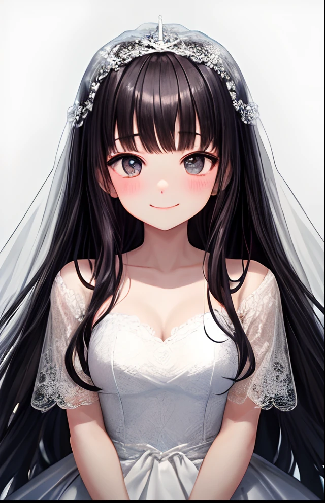 girl with、No background、without background、Background through、Black hair、Black hair、The long-haired、long、Subject bangs、Pattsun bangs、Aligned bangs、Sareme、drooping eyebrows、Takuambi、Marovi、Round eyebrows、Black eyes、Black、embarrassed、Embarrassing、white wedding dress、bride、kawaii、a smile、smil、No background