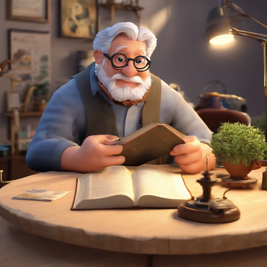Crie um cartaz inspirado na Disney Pixar com o personagem sendo o pastor Rubens Janier, A gray-haired man wearing glasses, in an office with a Bible on the table