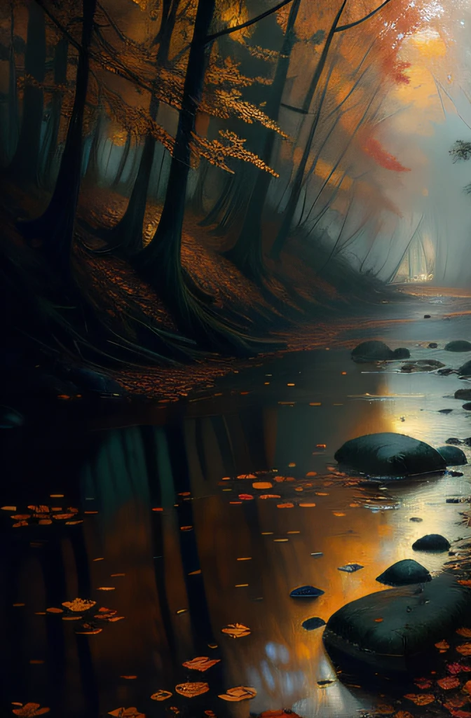 fall foliage, Ultra detailed, Masterpiece, River, Anti-aliasing, finedetail, the wallpaper, Natural lighting, Take Jeremy Mann（Jeremy Mann）for example（Jeremy Mann）style of