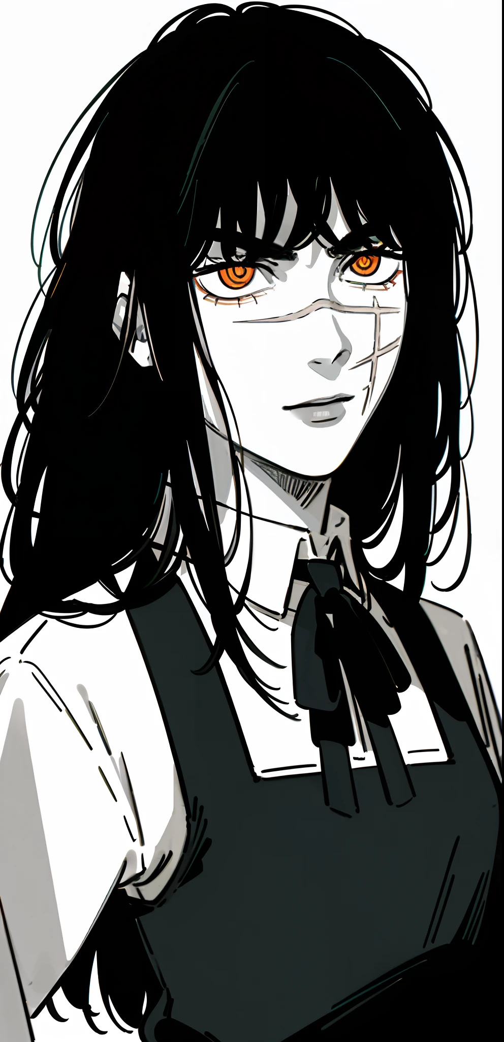 ((masterpiece, best quality)), (1girl), (solo), (female focus), yoru\(chainsaw man\),(very detailed face, real image, realistic white skin, realistic body, intricate details), , psycho face, psycho eyes, serious, black hair, long hair, intimidating look, pinafore dress, long sleeve shirt, neck ribbon, small breasts, holding sword