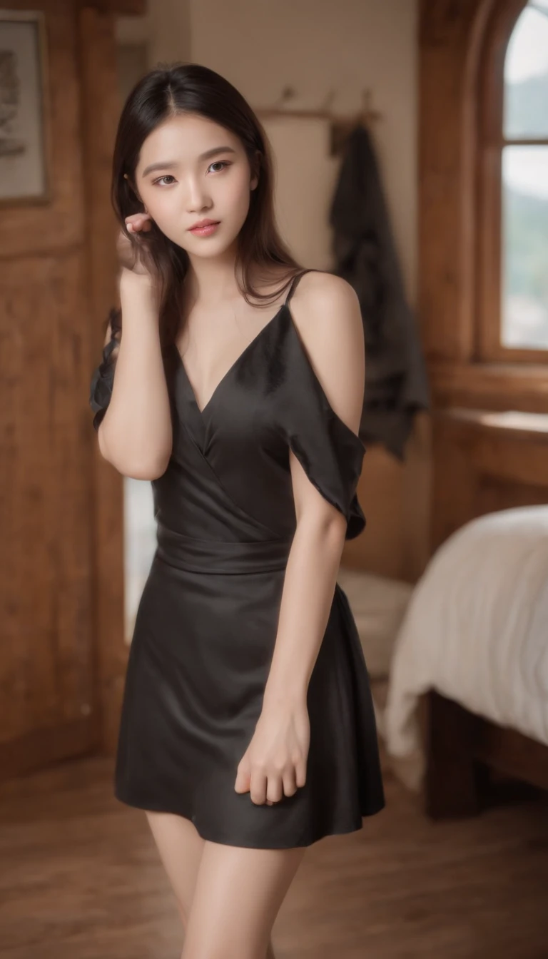 ultra-realistic realism, tmasterpiece, Best quality, Ultra-detailed wide angle, Best quality, 8K, natural lightting, Soft lighting, rays of sunshine, ( A full-length photo of a beautiful girl,Quarterly view,In the cabin, Tik, beautidful eyes, Long straight black hair, I use a delicate silk skirt, brightly:1.3).(Now pie bedroom in the background:1.4) hdr (HighDynamicRange), Maximum clarity and sharpness, Many-Layer Textures, Fotor is realistic, ultra-realistic realism, Hipper de Tarado, analogue style, Soft lighting, Subsoil scattering, realisticlying, heavy shadow, tmasterpiece, Best quality, Ultra photo realsisim, 8K, Golden ratio, 复杂, High detail, Film photography, soft focus, ,GH3A,Train 4