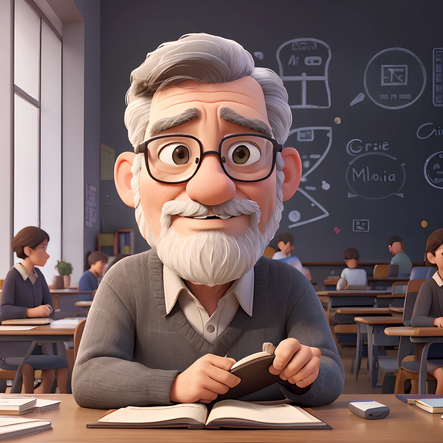A 50-year-old man sitting in a classroom with glasses, short gray hair, and a thin gray beard, reading a book by Marx. (best quality,4k,8k,highres,masterpiece:1.2),ultra-detailed,(realistic,photorealistic,photo-realistic:1.37),academia,serious expression,bookish atmosphere,bookshelves filled with books,blackboard with equations,wooden desks and chairs,soft warm lighting,academic setting,detailed facial features,contemplative mood,gray color scheme.