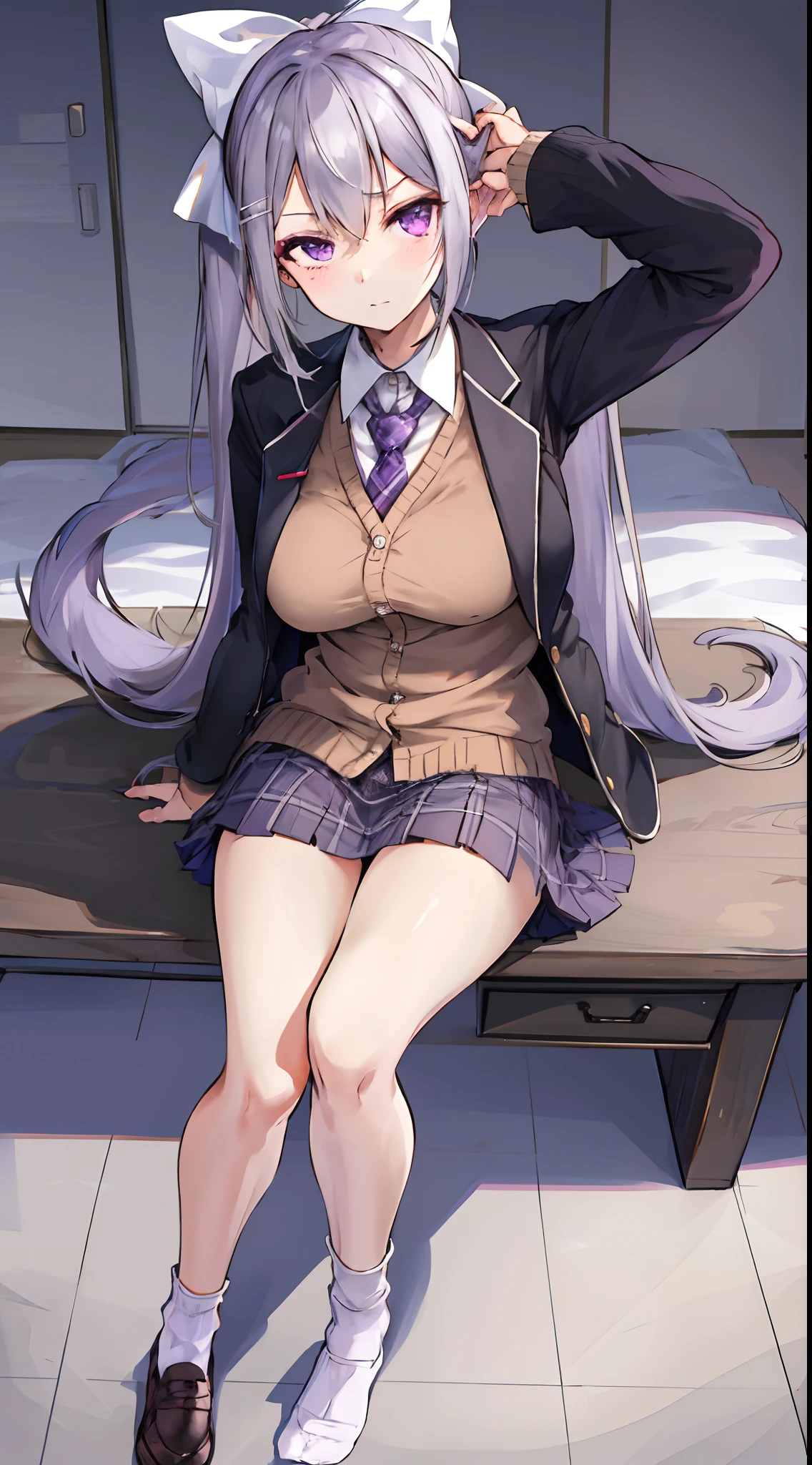 nsfw,masterpiece,ultra detailed,8k,navy school sweater,(short plaid pleated skirt),adult curvy body,(tanned skin:1.1),(japanese gyaru),seductive cute face,cheerful smile,silver panties,sitting and knees up on floor,curvy thighs,dirty sole,painted toe-nails,makeup,at messy and dirty private room,used lingerie and clothes on floor,storage shelf on wall,