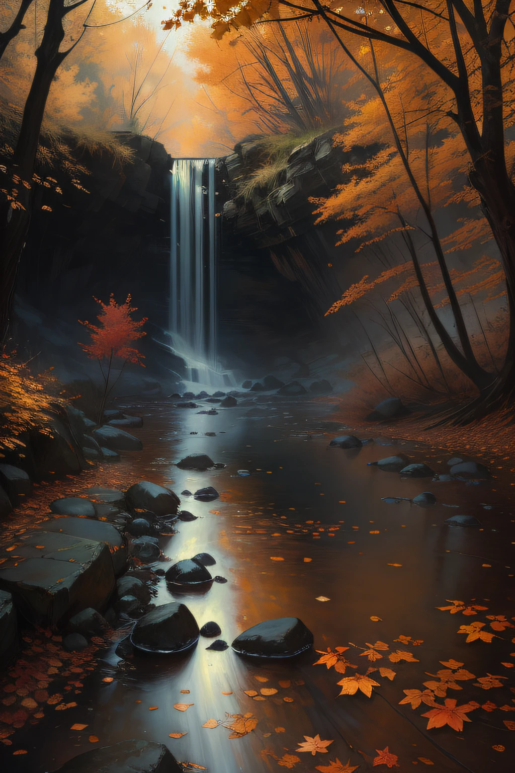 fall foliage, Ultra detailed, Masterpiece, River, Anti-aliasing, finedetail, the wallpaper, Natural lighting, Take Jeremy Mann(Jeremy Mann)style of