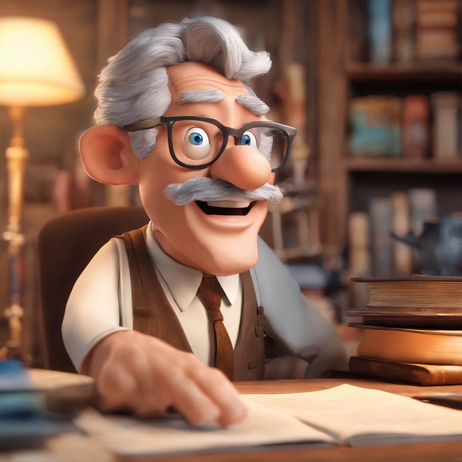 Crie um cartaz inspirado na Disney Pixar com o personagem sendo o pastor Rubens Janier, A gray-haired man wearing glasses, in an office with a Bible on the table