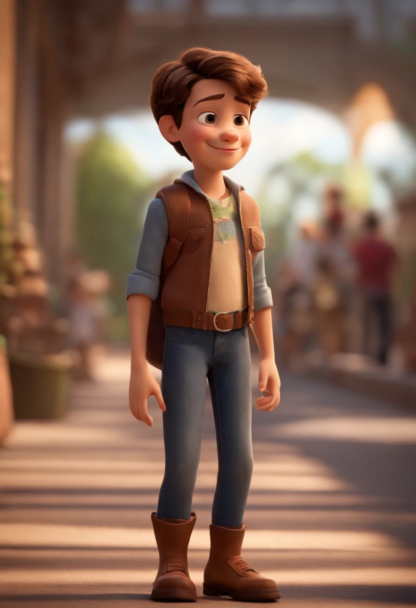 a happy cute kid standing short hair, vestindo uma fantasia espacial, , fundo branco, barnet, Tom, Estilo Pixar, ....3d, desenhos animados, rosto detalhado, asymmetrical 16k homem de 28 anos, cabelo escuro, olhos castanhos claros, em uma avenida movimentada, com roupas sociais, terno, estilo pixar, realista