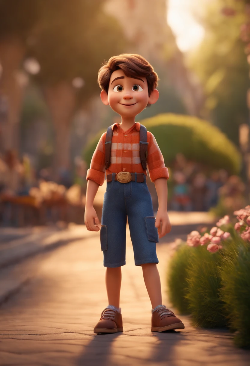 a happy cute standing short hair, vestindo uma fantasia espacial, , fundo branco, barnet, Tom, Estilo Pixar, ....3d, desenhos animados, rosto detalhado, asymmetrical 16k homem de 28 anos, cabelo escuro, olhos castanhos claros, em uma avenida movimentada, com roupas sociais, terno, estilo pixar, realista