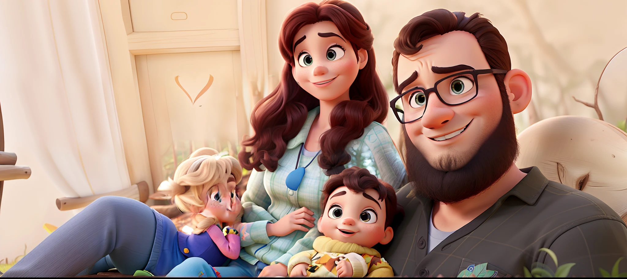 A Disney Pixar-style family in the woods on a sunny day, alta qualidade
