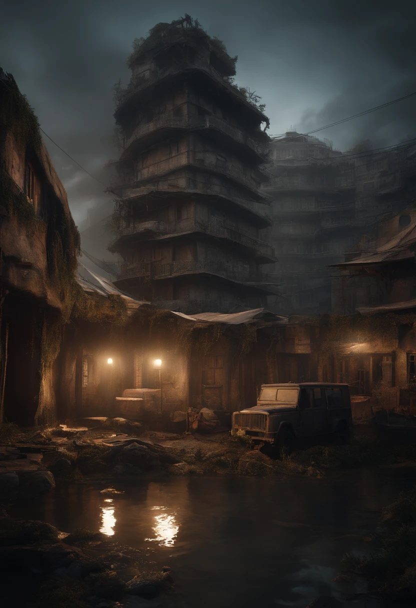 realistic scenario, hiper detalhado, Post apocalyptic, Mostly covered by water, uma ilha artificial, circunstanciado, super qualidade, alta qualidade, full of buildings, Destroyed buildings, terminado, More darkness, Dark scenario, Post Apocalypse, mistborn, Escuro, without many trees